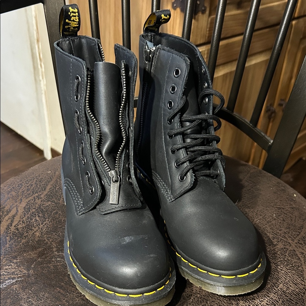 Dr. Martens Black Leather Zip & Lace Ankle Boots with Yellow Stitching
